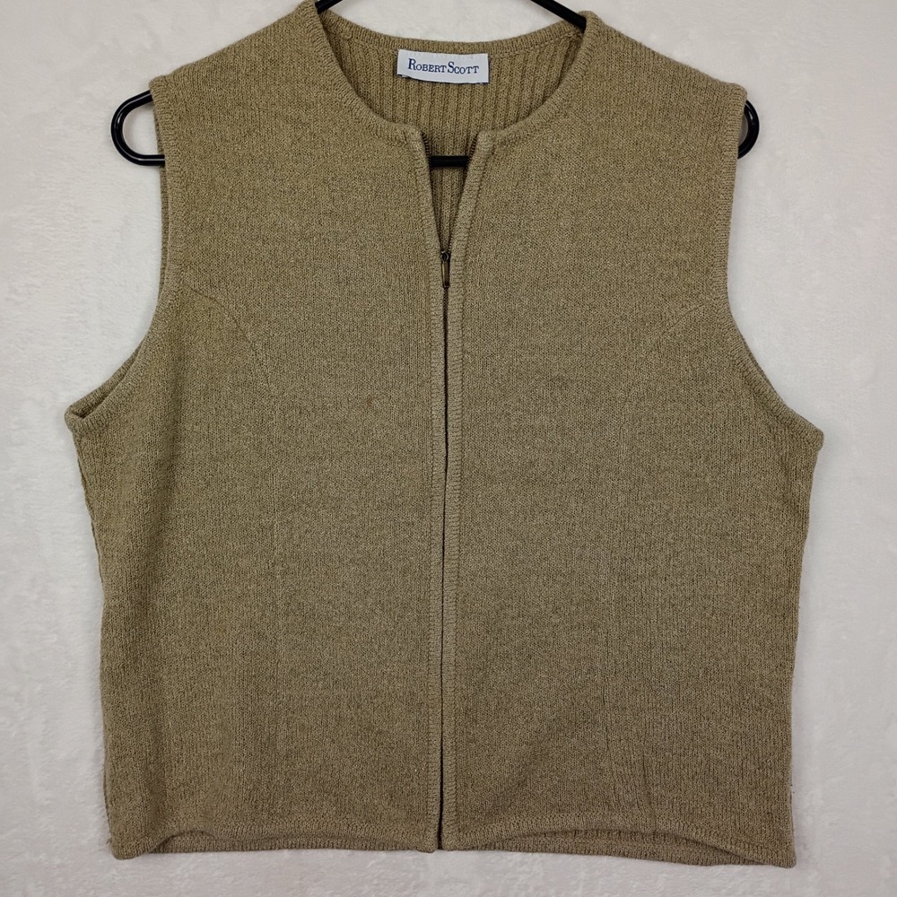 Robert Scott Tan Khaki Zip Front Knit Sweater Vest Sleeveless Ribbed Back Mens L